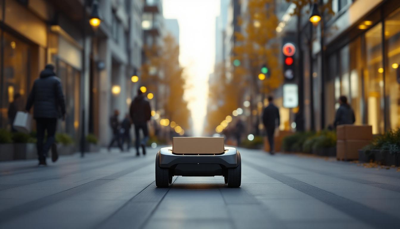 A photograph of a sleek and modern package delivery robot navigating an urban environment