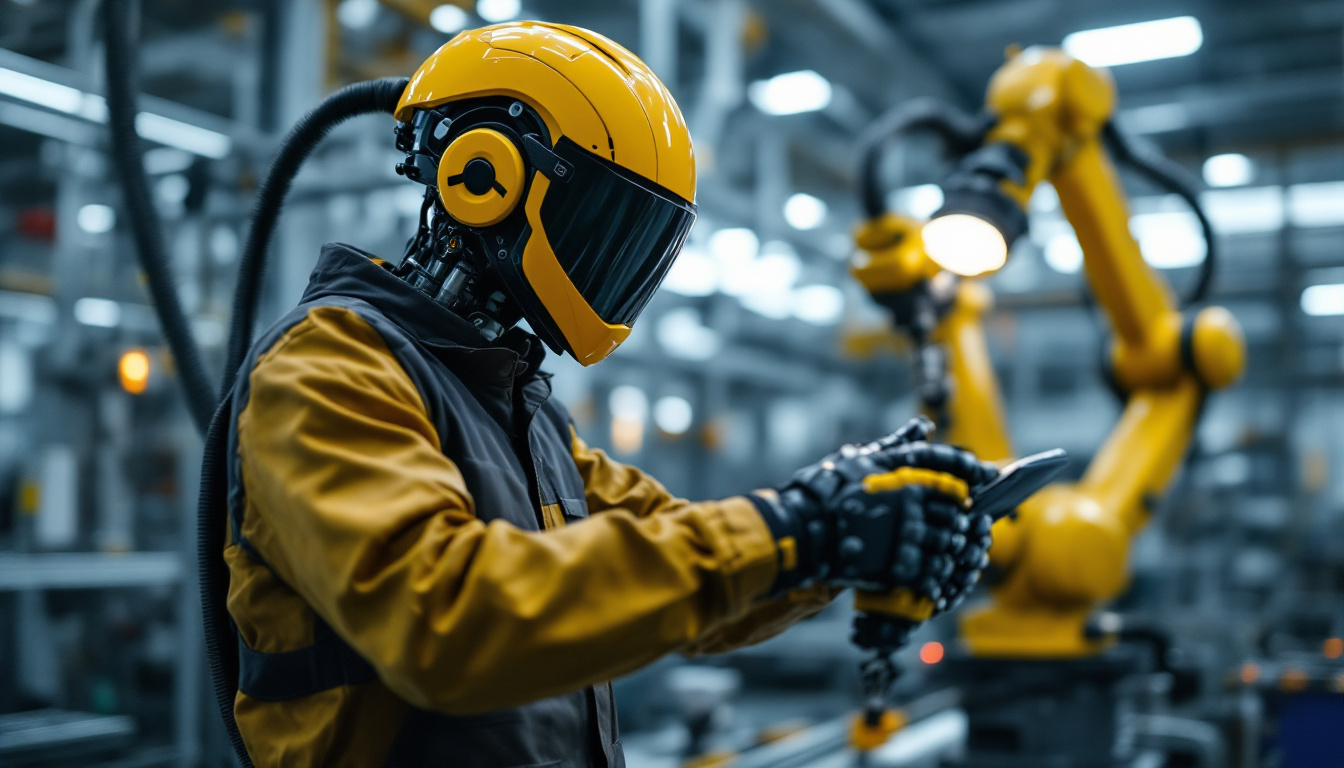A photograph of a skilled technician wearing an agu helmet while operating an industrial robotic arm in a dynamic manufacturing environment