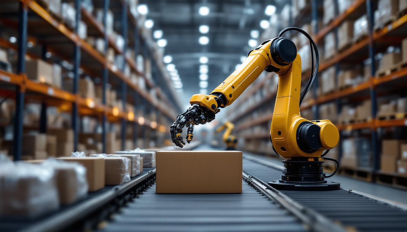 A photograph of a sleek industrial robotic arm in action within an amazon warehouse setting