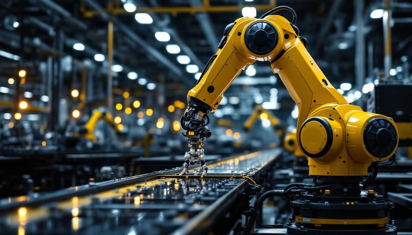 A photograph of a sleek industrial robotic arm in action within a modern automotive manufacturing facility