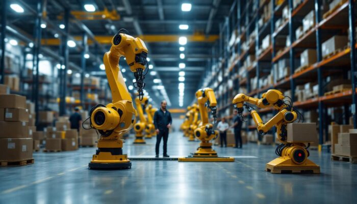 A photograph of a modern warehouse setting showcasing industrial robots in action