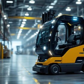 A photograph of a mobile forklift in action within an industrial setting
