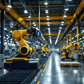 A photograph of a sleek agv industrial robot navigating through a modern manufacturing facility