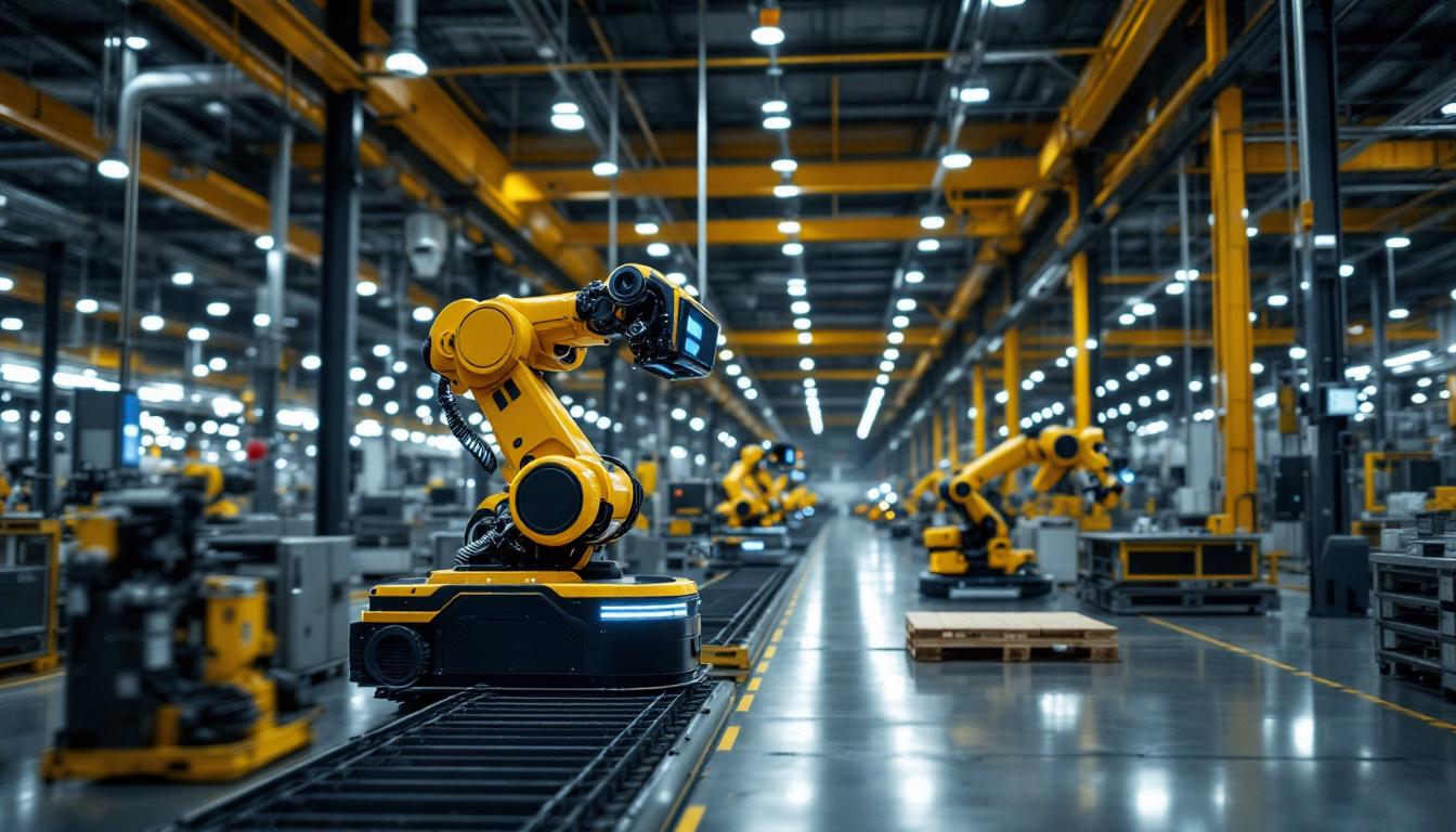 A photograph of a sleek agv industrial robot navigating through a modern manufacturing facility