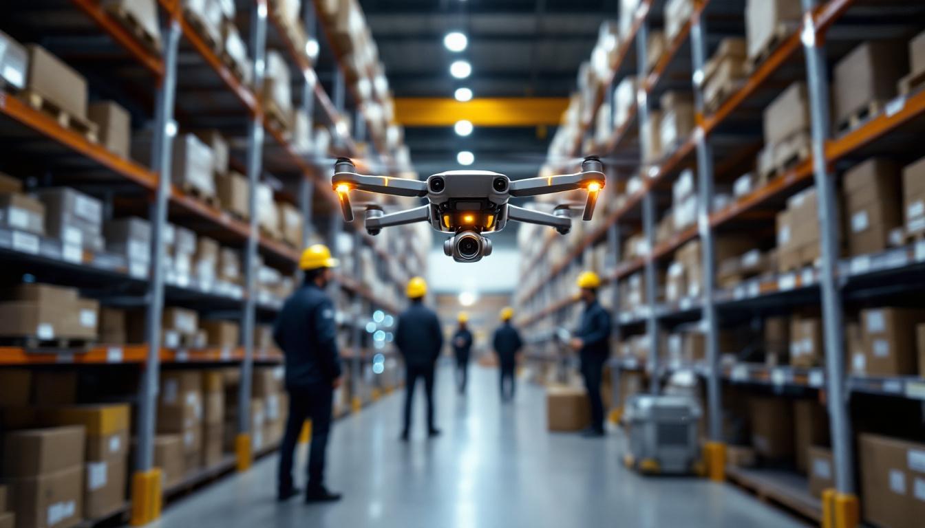 A photograph of a drone in action within a warehouse setting