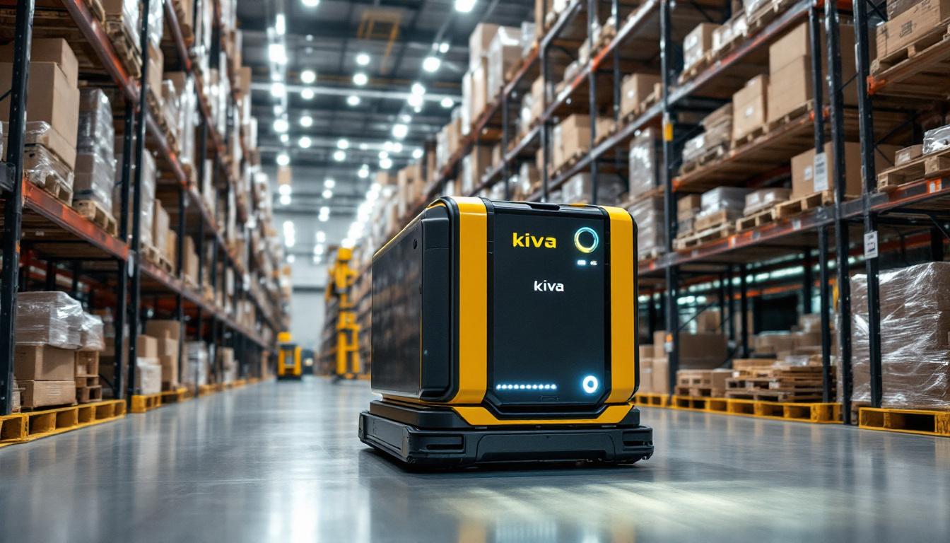 A photograph of a kiva systems robot in action within a bustling warehouse environment