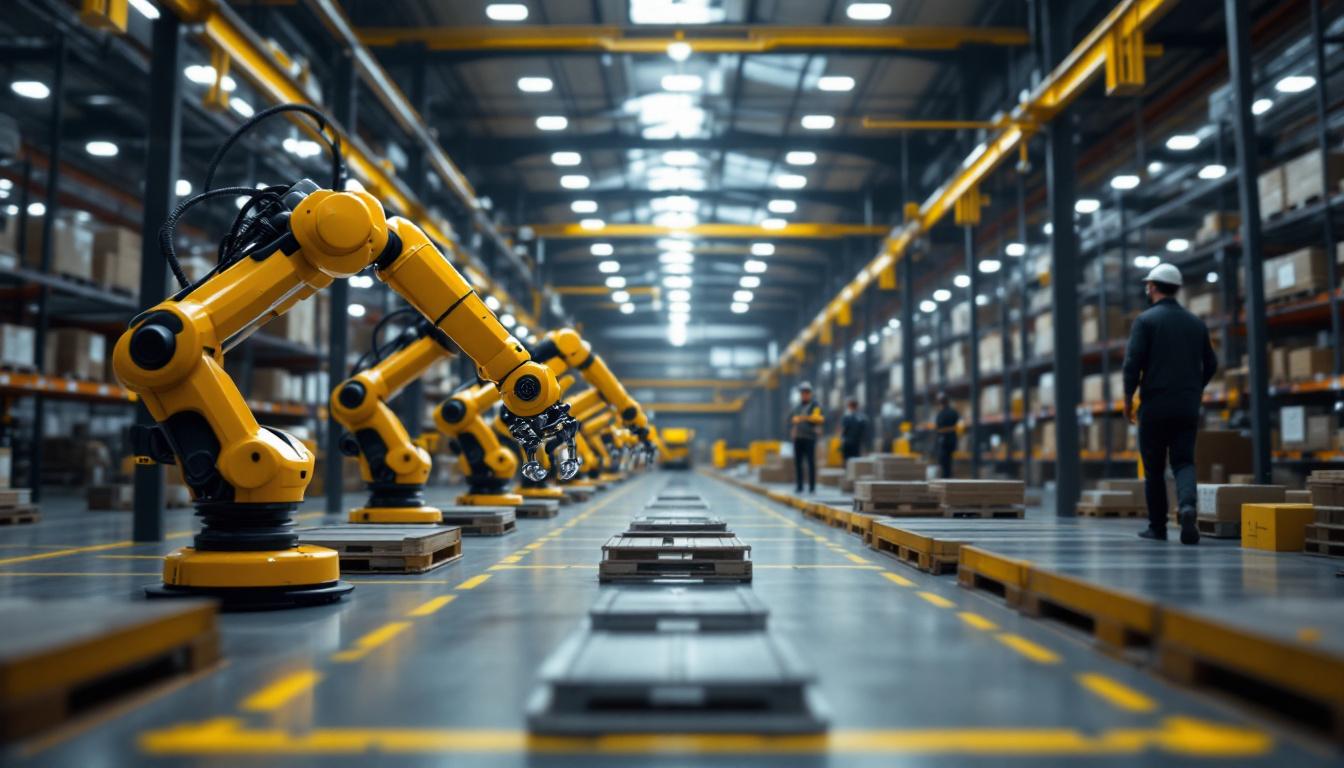 A photograph of a modern warehouse interior showcasing advanced industrial robots in action