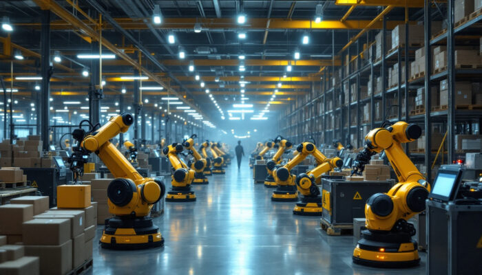 A photograph of a bustling amazon robotics warehouse