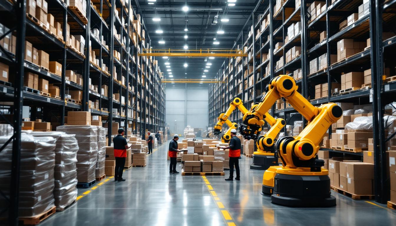A photograph of a bustling warehouse environment showcasing advanced industrial robots in action