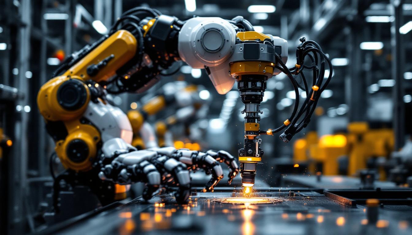 A photograph of a sleek industrial robot in action within a modern manufacturing environment