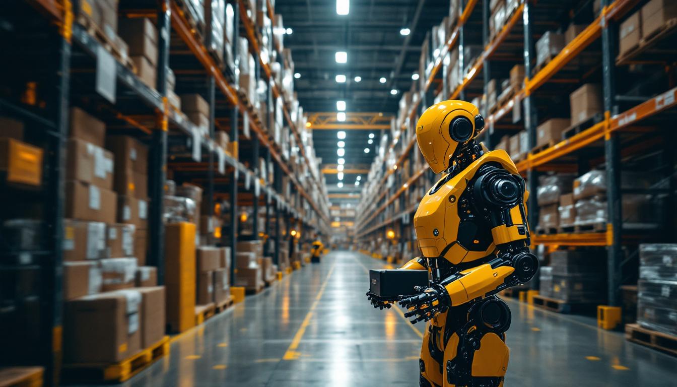 A photograph of a dynamic warehouse scene showcasing advanced robotic systems in action