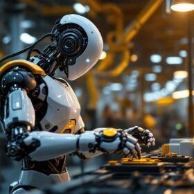 A photograph of a sleek industrial robot in action within a modern manufacturing environment