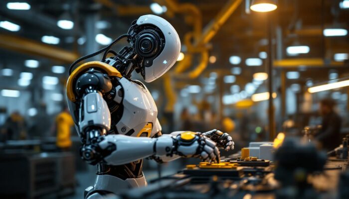 A photograph of a sleek industrial robot in action within a modern manufacturing environment