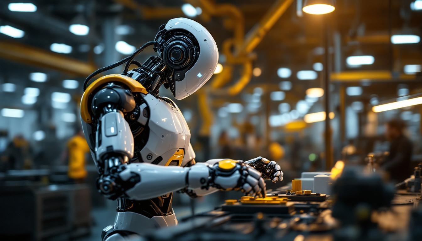 A photograph of a sleek industrial robot in action within a modern manufacturing environment