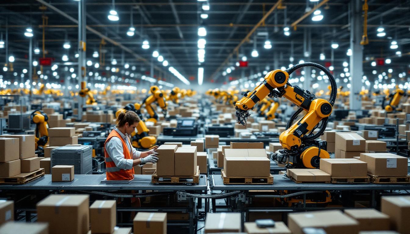 A photograph of a bustling amazon robotic fulfillment center