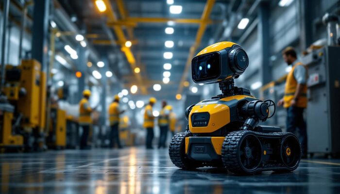 A photograph of a mobile robot navigating through an industrial workspace