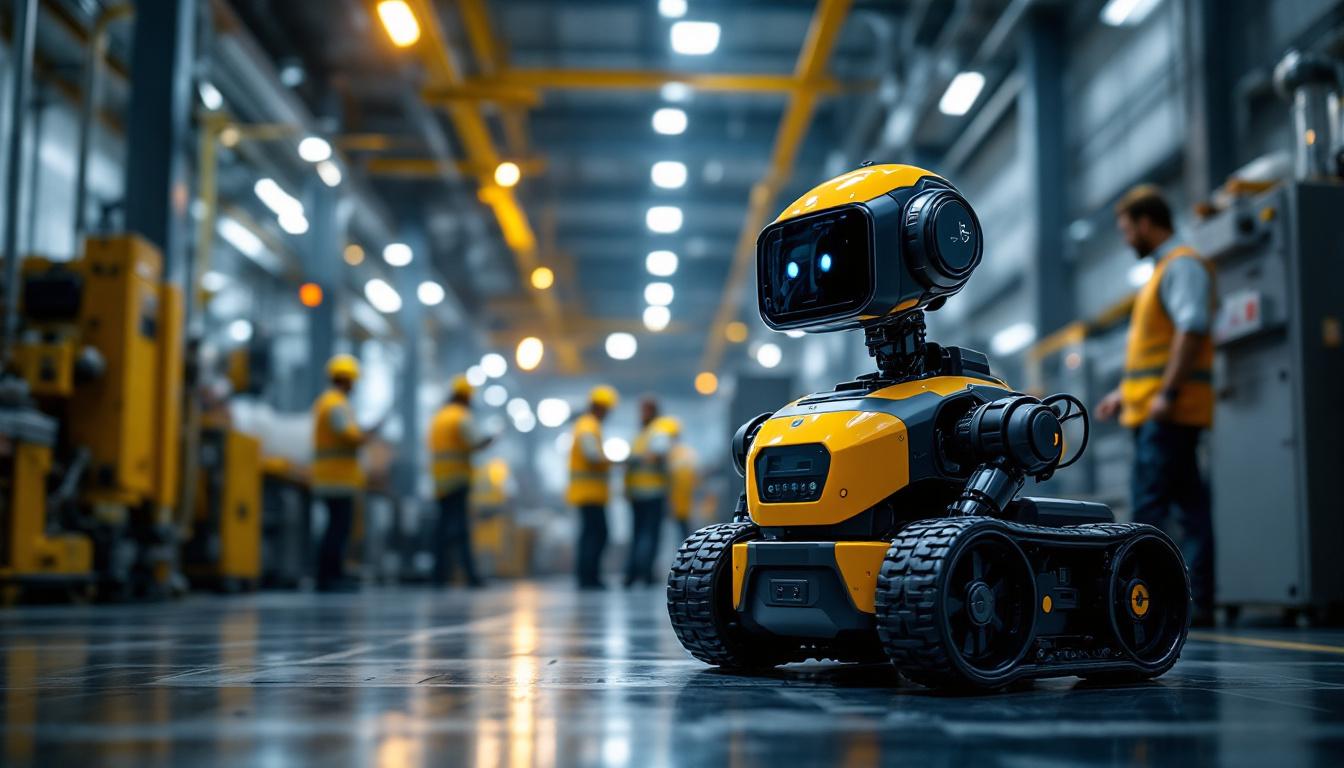 A photograph of a mobile robot navigating through an industrial workspace
