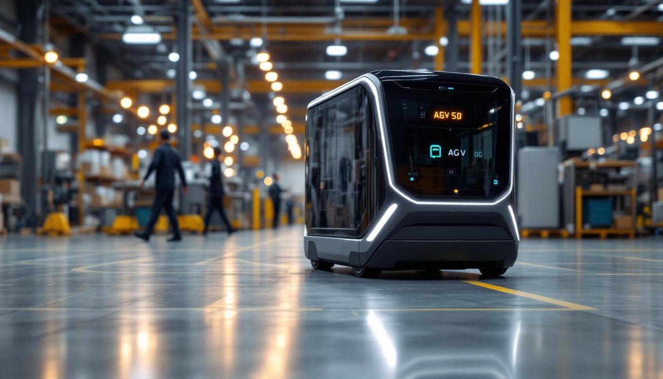 A photograph of a low-profile automated guided vehicle (agv) in an industrial setting