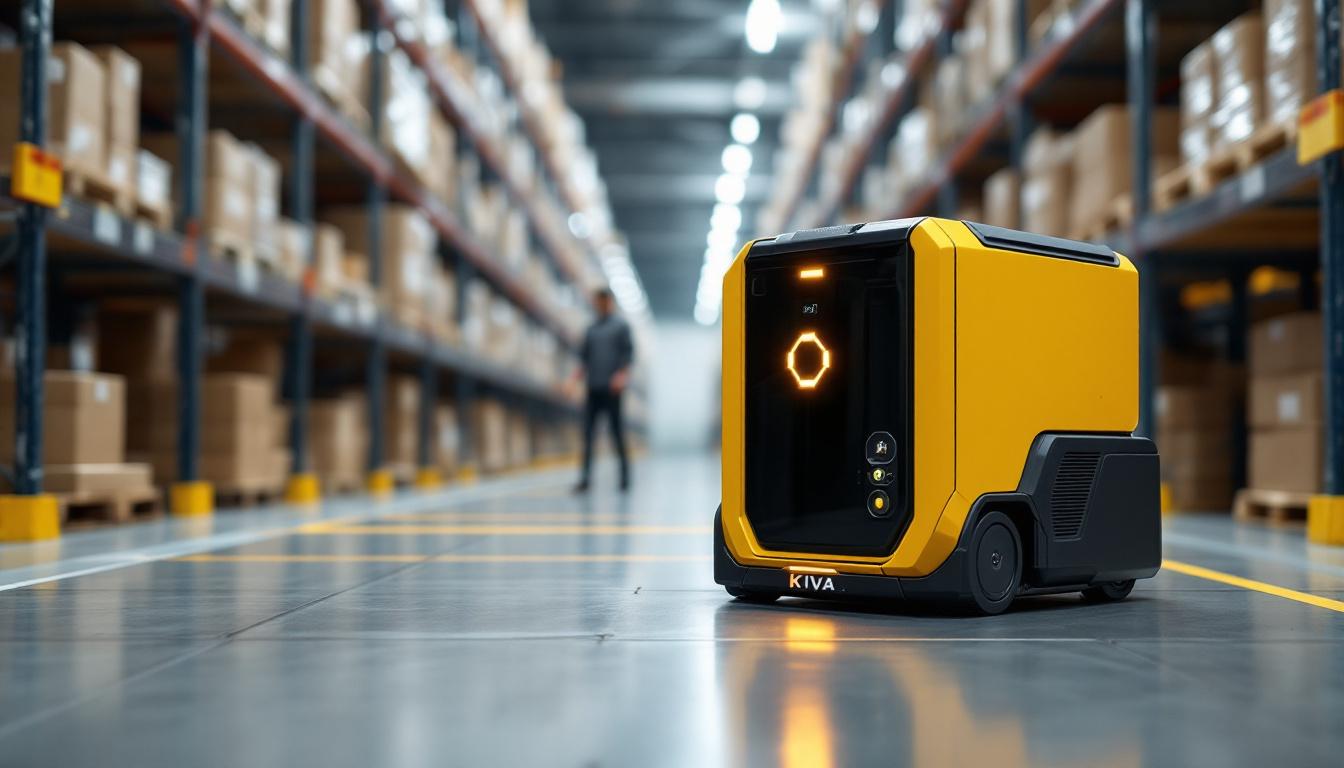 A photograph of a kiva system robotic unit in action within a warehouse setting