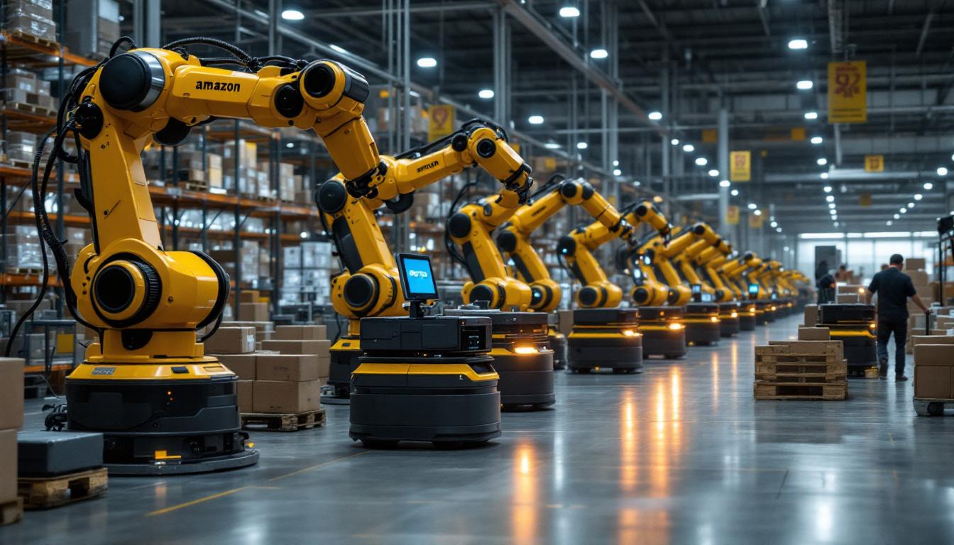 A photograph of a bustling amazon warehouse floor
