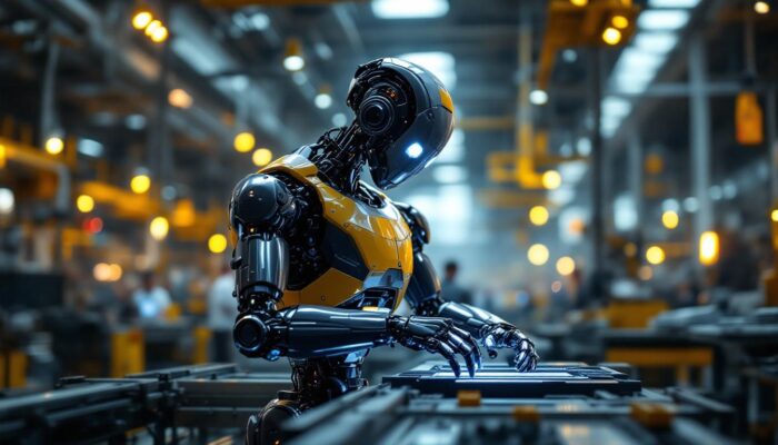 A photograph of a sleek industrial robot in action within a modern manufacturing facility
