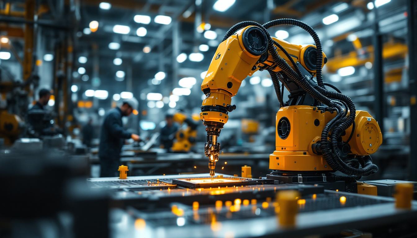 A photograph of a modern industrial robot in action within a manufacturing setting