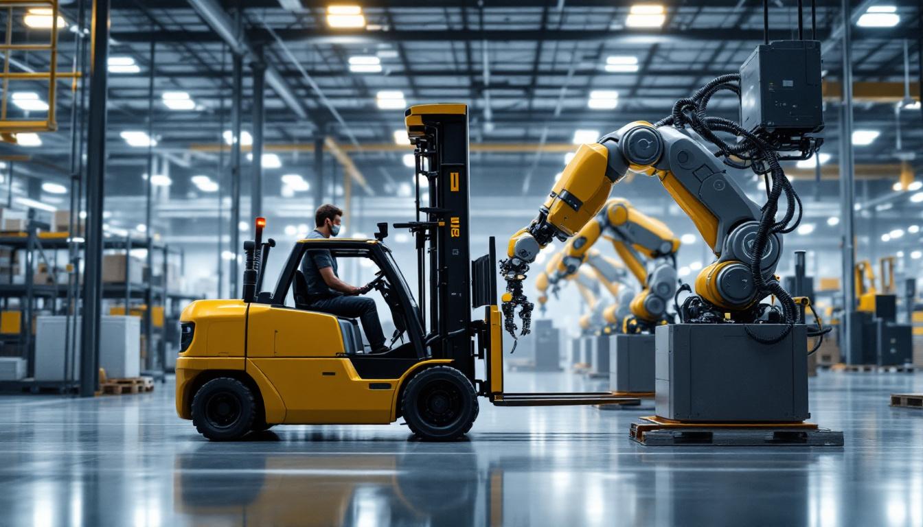 A photograph of a modern industrial setting featuring a forklift in action alongside robotic automation systems