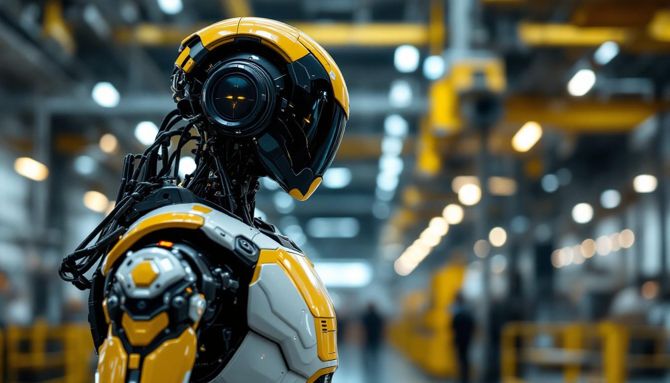 A photograph of a sleek industrial robotic security guard in an active surveillance posture