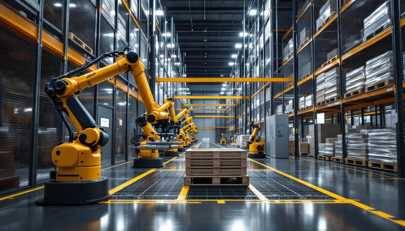 A photograph of a modern automated pallet storage and retrieval system in action