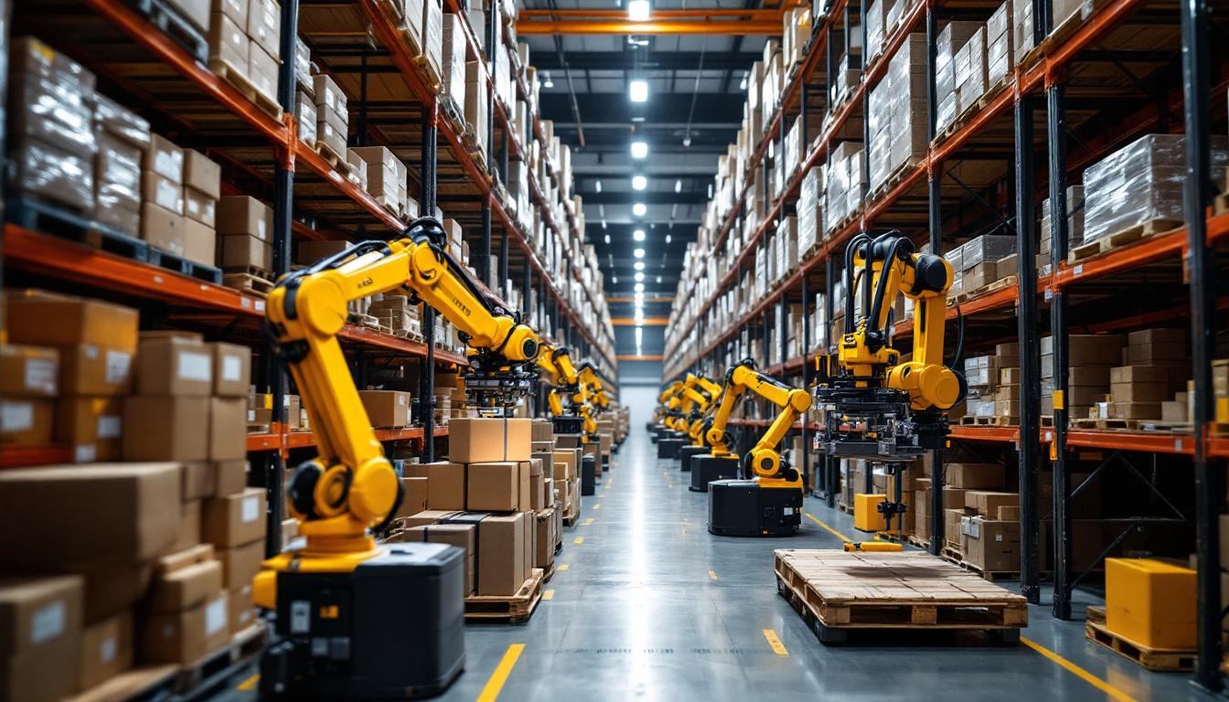 A photograph of a modern automated warehouse featuring an asrs (automated storage and retrieval system) in action