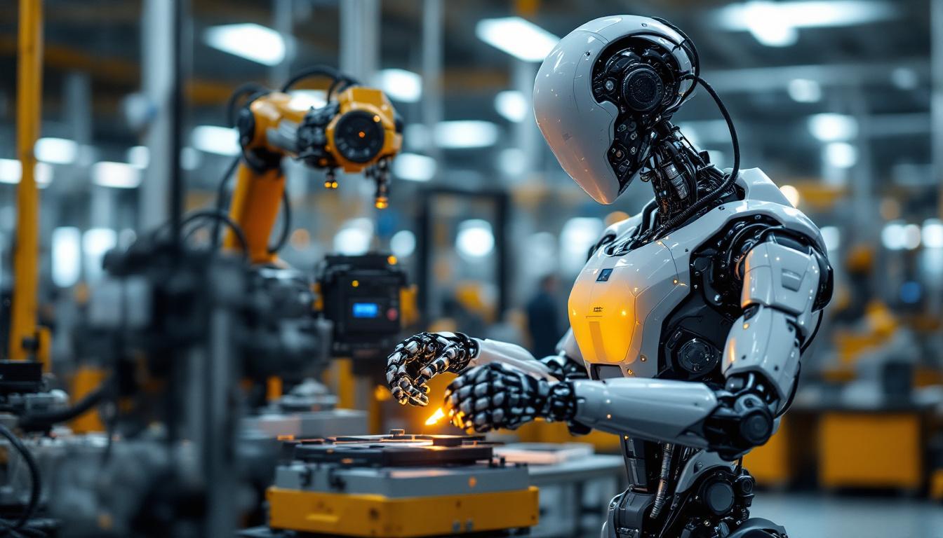 A photograph of a modern industrial robot in action on a factory floor