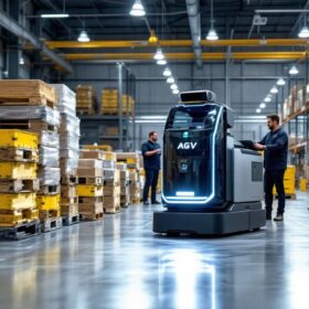 A photograph of a sleek agv pallet robot in action within an industrial warehouse setting