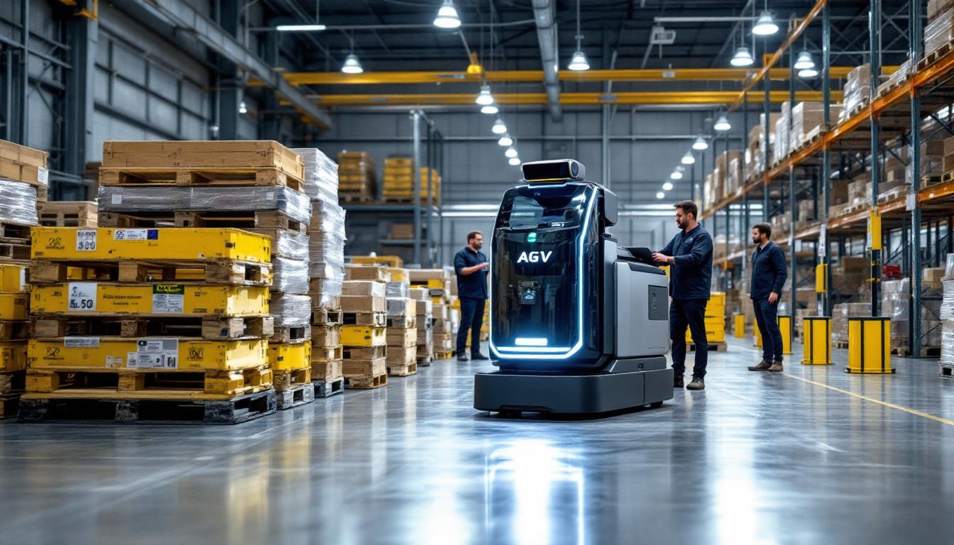 A photograph of a sleek agv pallet robot in action within an industrial warehouse setting