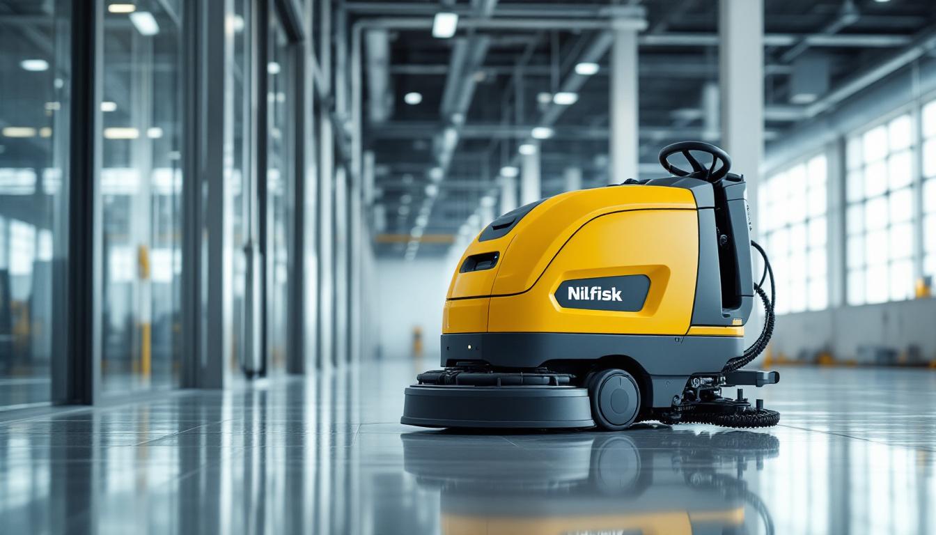 A photograph of a nilfisk industrial robotic floor cleaning machine in action