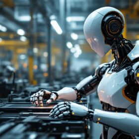 A photograph of a sleek industrial robot in action within a modern manufacturing environment