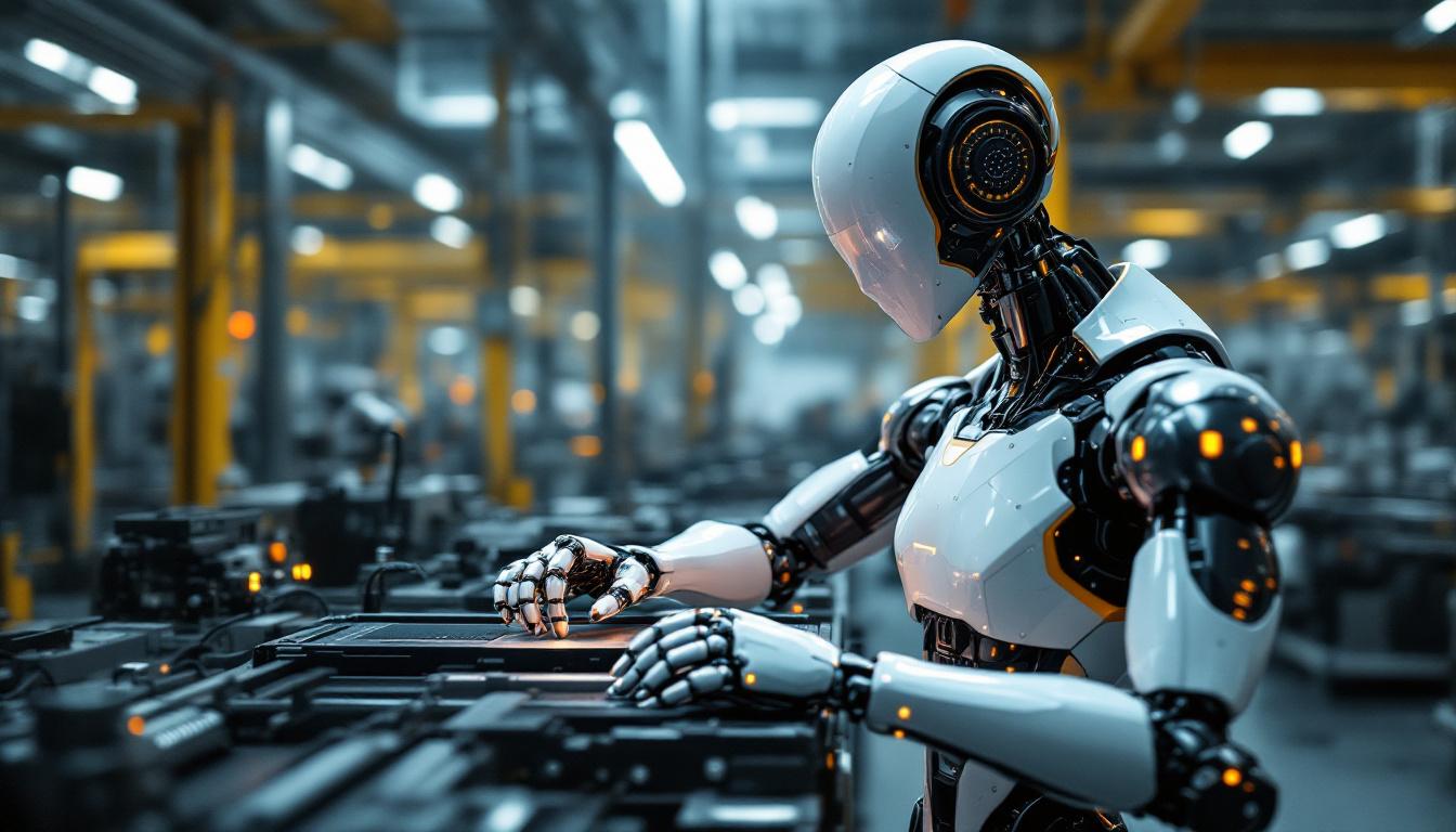 A photograph of a sleek industrial robot in action within a modern manufacturing environment