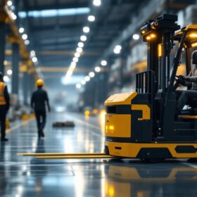 A photograph of a modern industrial forklift in action