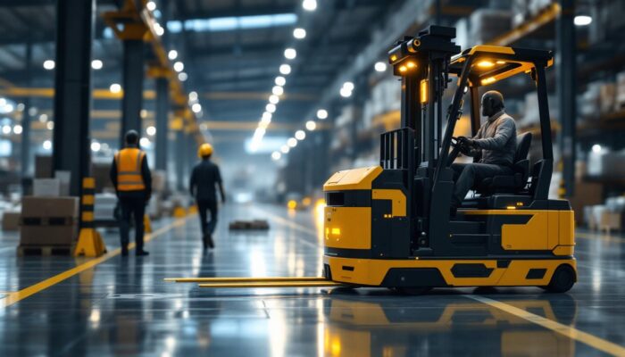 A photograph of a modern industrial forklift in action