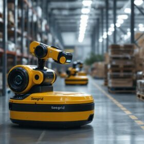 A photograph of a seegrid industrial robot in action within a warehouse setting