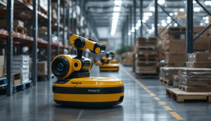 A photograph of a seegrid industrial robot in action within a warehouse setting