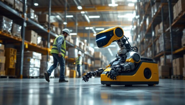 A photograph of a seegrid autonomous industrial robot in action within a warehouse setting