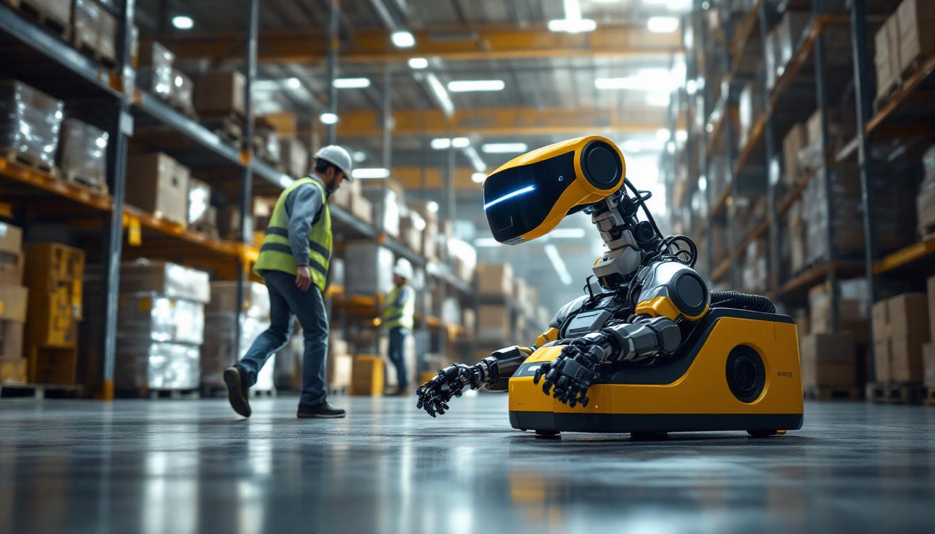 A photograph of a seegrid autonomous industrial robot in action within a warehouse setting