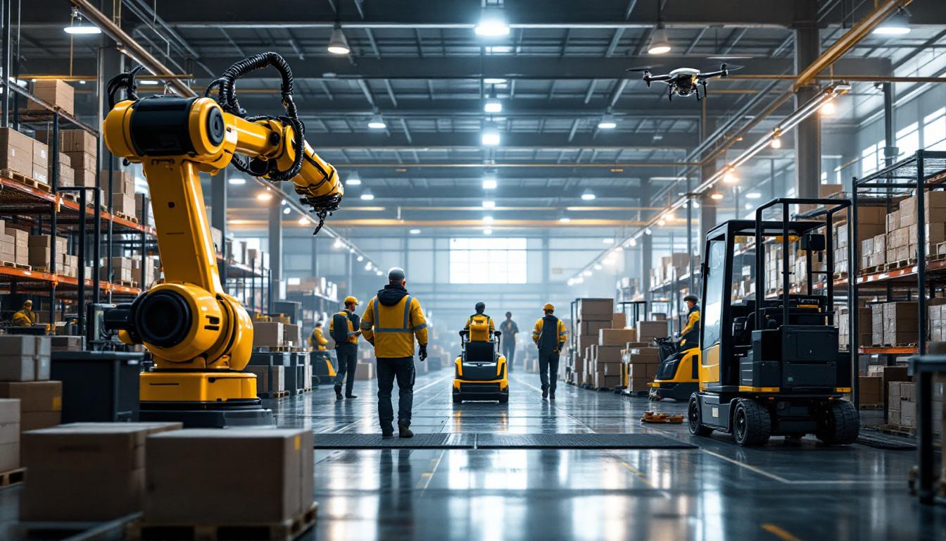A photograph of a busy warehouse environment showcasing various types of industrial robots in action