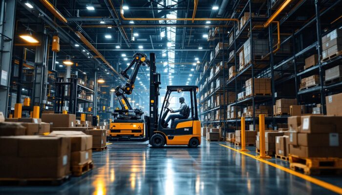 A photograph of a modern industrial setting showcasing a forklift system in action