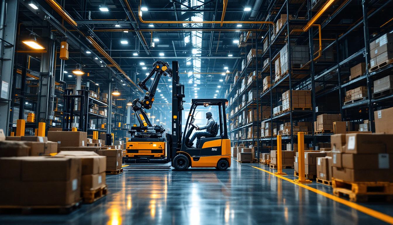 A photograph of a modern industrial setting showcasing a forklift system in action