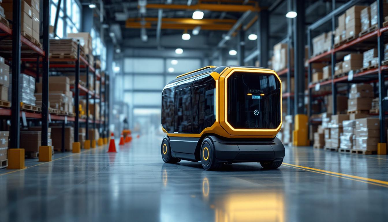 A photograph of a sleek industrial robotic vehicle in action within a modern warehouse setting