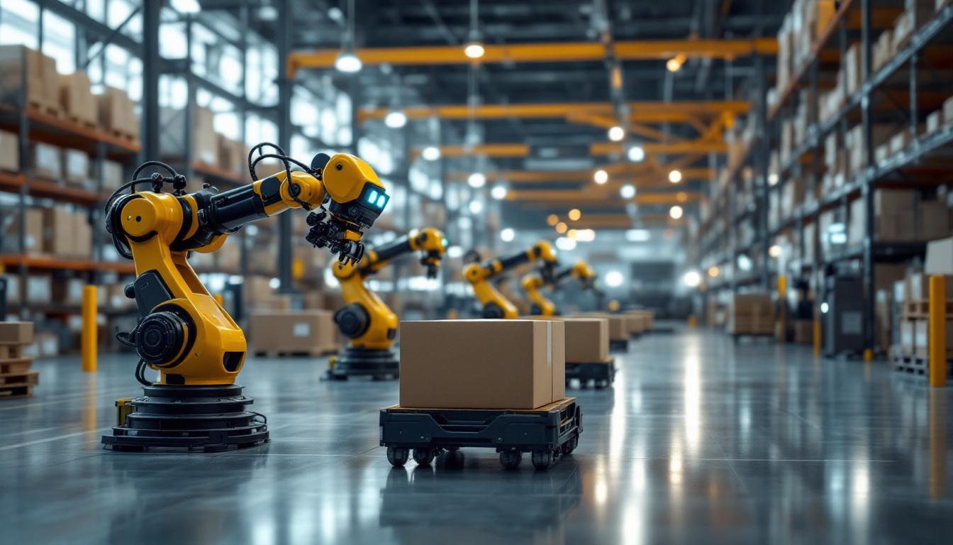 A photograph of a modern warehouse environment showcasing industrial robots in action
