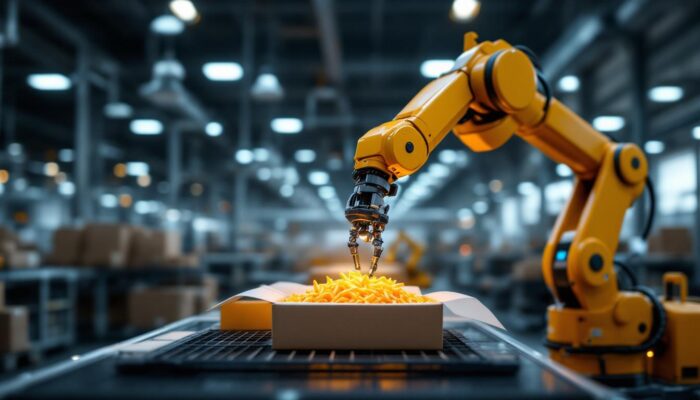 A photograph of a sleek industrial robotic arm in action