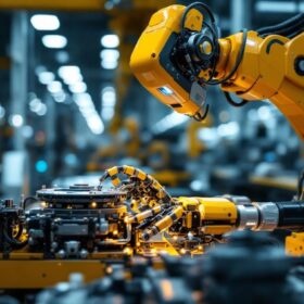 A photograph of a sleek industrial robot in action within a manufacturing environment