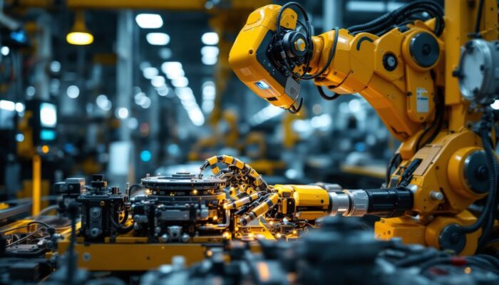 A photograph of a sleek industrial robot in action within a manufacturing environment